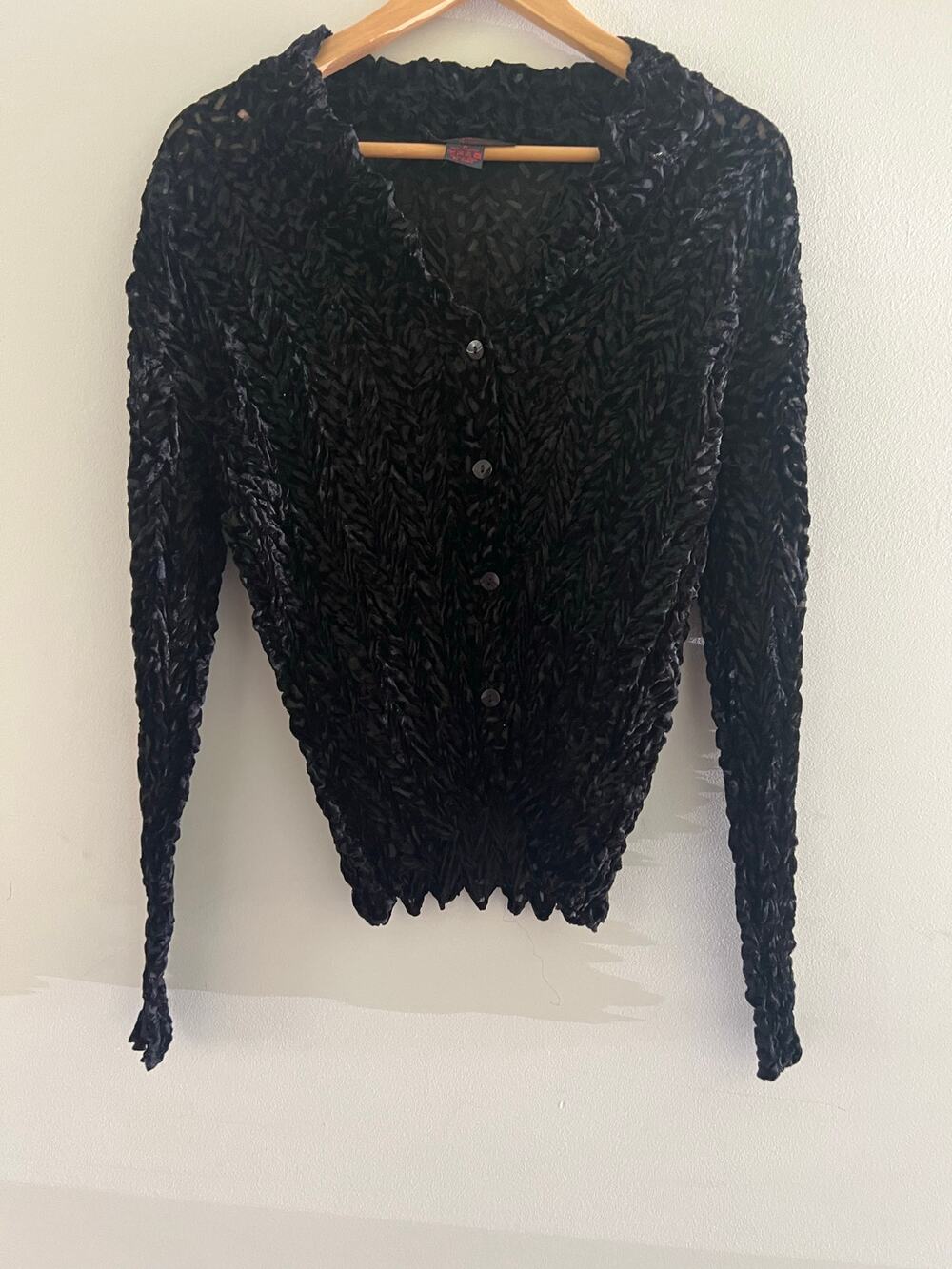 Pleats Collection Y2K Stretchy Crinkle Button Down Black Sheer Size Medium JL
